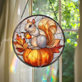 Squirrel Stained Glass Suncatcher, Round Autumn Window Panel with Pumpkin and Acorn, Woodland Animal Fall Home Decor Gift