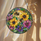 Bee and Flowers Stained Glass Suncatcher, Round Sunflower Window Panel with Colorful Blooms, Nature Garden Pollinator Home Decor Gift