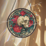 Skull and Roses Stained Glass Suncatcher, Round Gothic Window Panel with Red Flowers, Dark Romantic Macabre Home Decor Gift