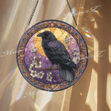 Raven Stained Glass Suncatcher, Round Gothic Window Panel with Moon and Flowers, Mystical Bird Home Decor Gift for Nature and Fantasy Lovers