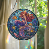 Mermaid Stained Glass Suncatcher, Round Ocean Window Panel with Colorful Fish, Fantasy Sea Siren Nautical Coastal Home Decor Gift