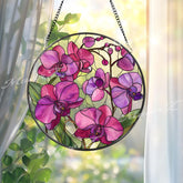 Orchid Stained Glass Suncatcher, Round Pink and Purple Flower Window Panel, Elegant Floral Glass Art Home Decor Gift for Garden Lovers