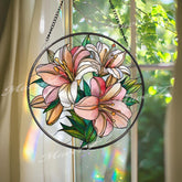 Lily Stained Glass Suncatcher, Round Pink and White Floral Window Panel, Elegant Botanical Glass Art Home Decor Gift for Flower Lovers