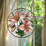 Lily Stained Glass Suncatcher, Round Pink and White Floral Window Panel, Elegant Botanical Glass Art Home Decor Gift for Flower Lovers