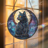 Black Cat Stained Glass Suncatcher, Round Moon and Stars Window Panel, Mystical Feline Celestial Gothic Home Decor Gift for Cat Lovers