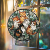 Cat Family Stained Glass Suncatcher, Round Window Panel with Five Cats and Green Leaves, Feline Lover Home Decor Gift