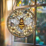 Bee Stained Glass Suncatcher, Round Floral Window Panel with Yellow Flowers, Nature Garden Art Glass Hanging, Gift for Bee and Flower Lovers