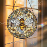 Bee Stained Glass Suncatcher, Round Floral Window Panel with Yellow Flowers, Nature Garden Art Glass Hanging, Gift for Bee and Flower Lovers