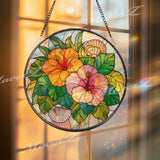 Hibiscus Stained Glass Suncatcher, Round Tropical Flower Window Panel with Seashells, Colorful Garden Art Glass Hanging for Nature Lovers
