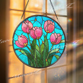 Tulip Stained Glass Suncatcher, Round Floral Window Panel with Pink Flowers and Green Leaves, Colorful Garden Art Glass Hanging Home Decor