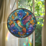 Hummingbird Stained Glass Suncatcher, Round Floral Window Panel with Morning Glories, Colorful Nature Art Glass Hanging