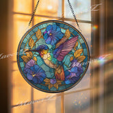 Hummingbird Stained Glass Suncatcher, Round Floral Window Panel with Morning Glories, Colorful Nature Art Glass Hanging