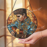 Guitarist Stained Glass Suncatcher, Round Musician Window Panel with Acoustic Guitar, Colorful Art Glass Hanging, Gift for Music Lovers