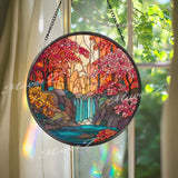 Waterfall Stained Glass Suncatcher, Round Nature Window Panel with Autumn Forest and River, Colorful Landscape Glass Hanging for Home Decor