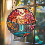 Waterfall Stained Glass Suncatcher, Round Nature Window Panel with Autumn Forest and River, Colorful Landscape Glass Hanging for Home Decor