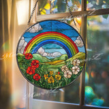 Rainbow Stained Glass Suncatcher, Round Colorful Window Panel with Flowers and Clouds, Nature Art Glass Hanging, Gift for Home