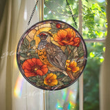Quail Stained Glass Suncatcher, Round Bird Window Panel with Orange Poppies, Colorful Nature Art Glass Hanging, Gift for Bird