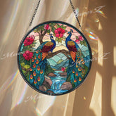 Peacock Stained Glass Suncatcher, Round Exotic Birds Window Panel with Flowers, Colorful Nature Art Glass Hanging, Gift for Bird Lovers