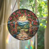 Rose Garden Stained Glass Suncatcher, Round Floral Window Panel with Archway Path, Romantic Nature Art Glass Hanging for Home