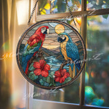 Parrot Stained Glass Suncatcher, Round Tropical Birds Window Panel with Hibiscus Flowers, Colorful Jungle Art Glass Hanging