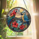 Parrot Stained Glass Suncatcher, Round Tropical Birds Window Panel with Hibiscus Flowers, Colorful Jungle Art Glass Hanging