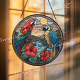 Parrot Stained Glass Suncatcher, Round Tropical Birds Window Panel with Hibiscus Flowers, Colorful Jungle Art Glass Hanging