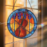 Cello Stained Glass Suncatcher, Round Musical Window Panel with Bow, Colorful String Instrument Art Glass Hanging, Gift for Cellists