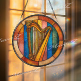 Harp Stained Glass Suncatcher, Round Musical Window Panel, Colorful Celtic Instrument Art Glass Hanging, Gift for Harpists and Music Lovers