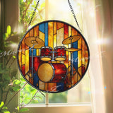 Drum Set Stained Glass Suncatcher, Round Musical Window Panel, Colorful Percussion Art Glass Hanging, Gift for Drummers and Music Lovers