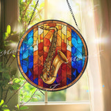Saxophone Stained Glass Suncatcher, Round Jazz Music Window Panel, Colorful Art Glass Hanging, Gift for Sax Players and Music Lovers