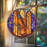 Violin Stained Glass Suncatcher, Round Musical Window Panel with Bow, Colorful Symphony Art Glass Hanging, Gift for Musicians