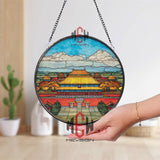 Forbidden City Stained Glass Suncatcher, Round Imperial Palace Window Panel, Asian Architecture Glass Art Home Decor Gift