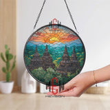 Temple Sunrise Stained Glass Suncatcher, Round Asian Pagoda Landscape Window Panel, Nature Mountain Sunset Glass Art Decor Gift