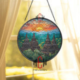 Temple Sunrise Stained Glass Suncatcher, Round Asian Pagoda Landscape Window Panel, Nature Mountain Sunset Glass Art Decor Gift