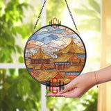 Asian City Temple Stained Glass Suncatcher, Round Golden Roof Pagoda Window Panel, Cultural Architecture Glass Art Home Decor