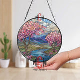 Cherry Blossom River Stained Glass Suncatcher, Round Spring Landscape Window Panel, Pink Flower Nature Glass Art Home Decor