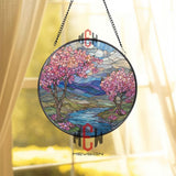 Cherry Blossom River Stained Glass Suncatcher, Round Spring Landscape Window Panel, Pink Flower Nature Glass Art Home Decor