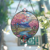 Cherry Blossom River Stained Glass Suncatcher, Round Spring Landscape Window Panel, Pink Flower Nature Glass Art Home Decor