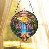Waterfall Sunset Stained Glass Suncatcher, Round Tropical Landscape Window Panel, Nature Jungle Glass Art Home Decor Gift