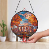 Stonehenge Autumn Stained Glass Suncatcher, Round Ancient Landmark Window Panel, Fall Landscape Glass Art Home Decor Gift