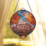 Stonehenge Autumn Stained Glass Suncatcher, Round Ancient Landmark Window Panel, Fall Landscape Glass Art Home Decor Gift