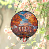 Stonehenge Autumn Stained Glass Suncatcher, Round Ancient Landmark Window Panel, Fall Landscape Glass Art Home Decor Gift