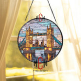 London Bridge Stained Glass Suncatcher, Round City Landmark Window Panel, Tower Bridge Glass Art Travel Decor Gift