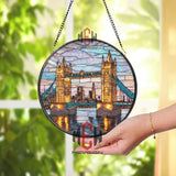 London Bridge Stained Glass Suncatcher, Round City Landmark Window Panel, Tower Bridge Glass Art Travel Decor Gift