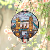 London Bridge Stained Glass Suncatcher, Round City Landmark Window Panel, Tower Bridge Glass Art Travel Decor Gift