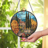 Tuscan Villa Stained Glass Suncatcher, Round Italian Countryside Window Panel, Cypress Tree Landscape Glass Art Home Decor
