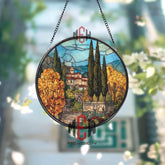 Tuscan Villa Stained Glass Suncatcher, Round Italian Countryside Window Panel, Cypress Tree Landscape Glass Art Home Decor