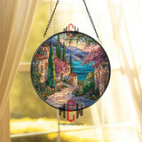 Mediterranean Village Stained Glass Suncatcher, Round Coastal Landscape Window Panel, Italian Seaside Glass Art Home Decor