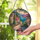 Mediterranean Village Stained Glass Suncatcher, Round Coastal Landscape Window Panel, Italian Seaside Glass Art Home Decor