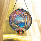Greek Coast Stained Glass Suncatcher, Round Ancient Temple Window Panel, Mediterranean Seaside Glass Art Home Decor Gift